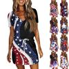 Women's Fashion Summer Independence Day Printed Short Sleeve Pocket V-Neck Dress