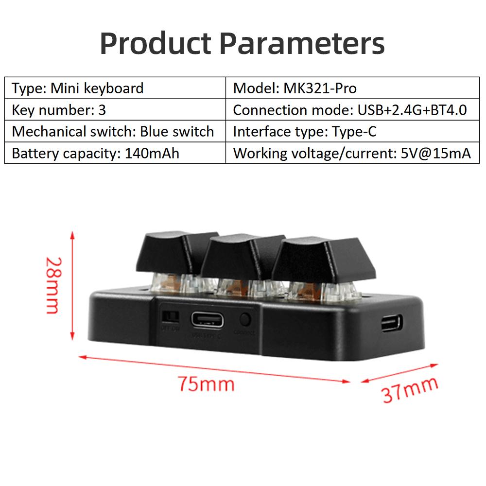 MK321-Pro 3-tangents Mini Anpassningsbart Tangentbord med Mekanisk Blå Brytare USB+2.4G+BT Anslutning för