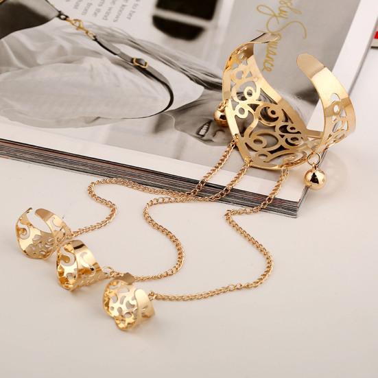 Multilayer Tassel Bell Hand Harness Bracelet Hollow Engraved Pattern Adjustable Bangle Finger Chain Jewelry Accessories