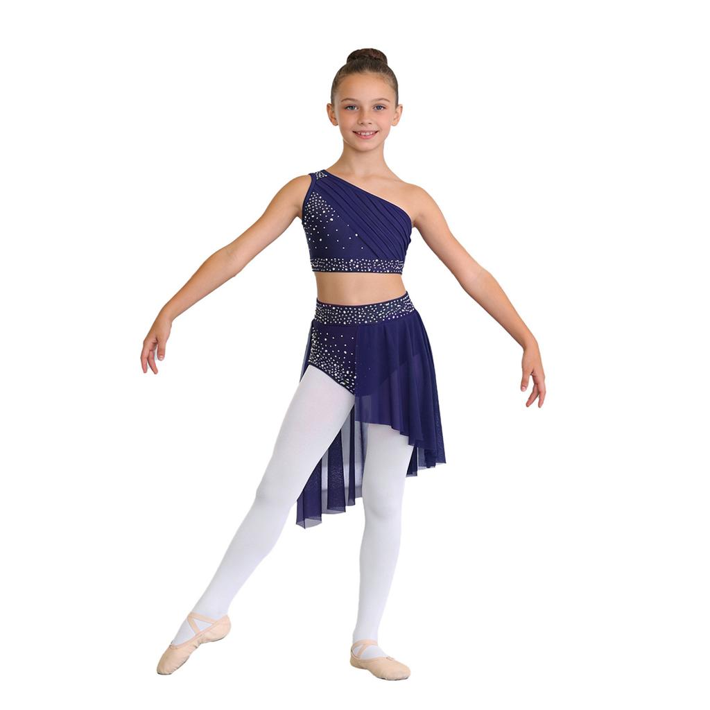 Kinder Mädchen 2-tlg. Glänzendes transparentes Netz-Crop-Top mit Rock Lyrischer Tanzkleid Ballsaal Kostüm