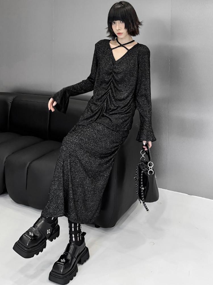 XITAO Casual Loose Elastic Waist V-neck Flare Sleeve Set GMM1050