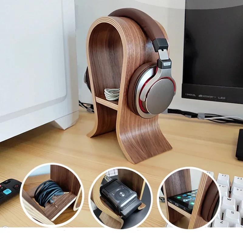Headset Stand for Office Desk Gaming Headphone Display Holder Hanger Wooden Walnut with Cellphone Holder, 10cm/ 12cm Width