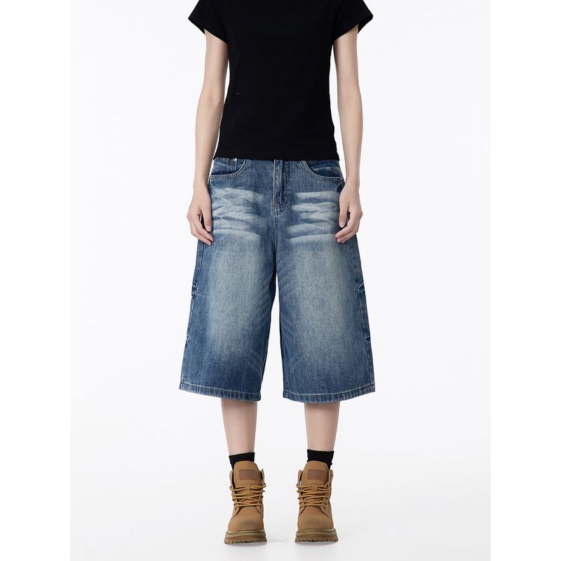 Black of Exit American Retro Washed Denim Shorts Unisex A-Line Loose Fit Cropped Pants Trendy