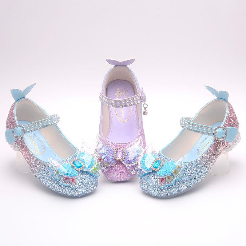 Nuove scarpe da principessa per bambine per la primavera e l'autunno, scarpe con cristalli per bambine, scarpe con tacco alto di Elsa di Frozen con sfumatura blu per bambini