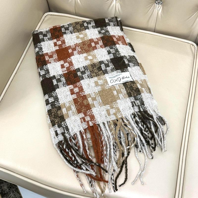 

New autumn and winter scarf women s contrasting color plaid advanced sense tassel versatile student thickened scarf shawl 200cm