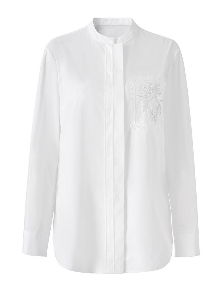 Simple Elegant Tencel Cotton Beaded Sequin Embroidered Loose Long Sleeve Women's Spring Shirt