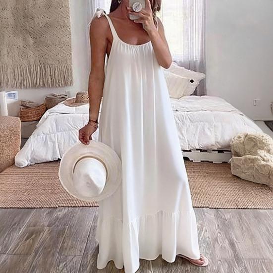 Women's Summer Casual Loose Dress Tie Shoulder Sleeveless Square Neck Maxi Dress A-Line Ruffle Flowy Beach Sundress