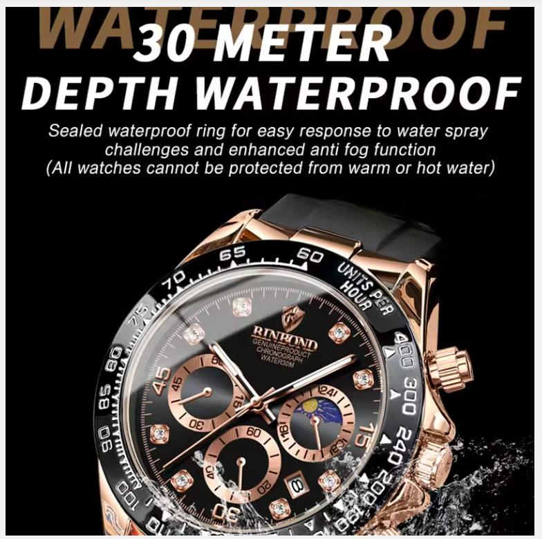 Quartz Watch for Men Silicone Strap Moon Phase Date Chronograph Dial Waterproof Sports Fashion Business Men's Wristwatch