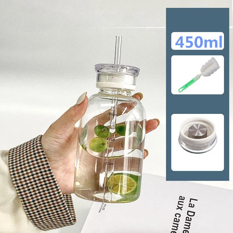 450/750ml Large Glass Water Bottle with Straw 2 Lids Clear Kawaii Drinking Bottle Leakproof Cup for Woman Girl