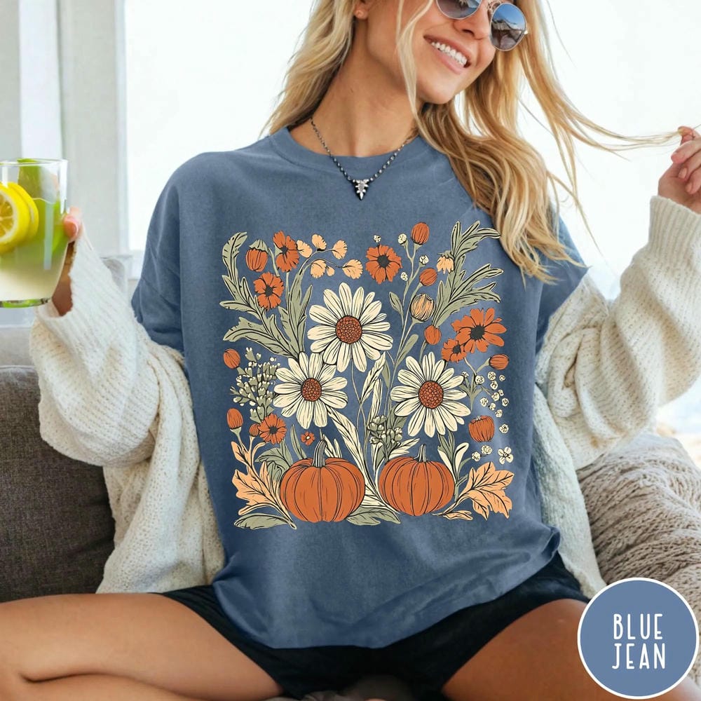 Women Boho Fall Floral Comfort Shirt Retro Fall Autumn Vibes Shirt Pumpkin Season Graphic Tee Y2K Top Daily Trendy Streetwear S
