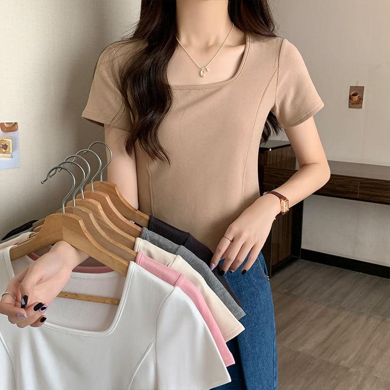Youa and sassy right shoulder square collar short-sleeved slim T-shirt women's European summer new age-reducing fishbone short shirt