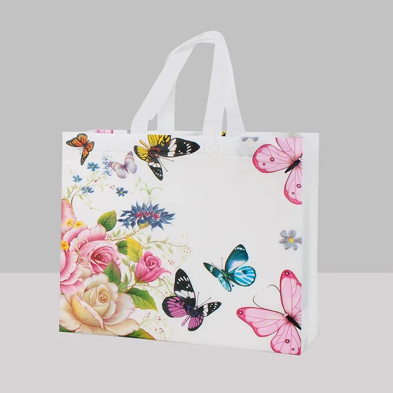 10PCS Rose Printing Packaging Shopping Bag Handle Waterproof Non Woven Fabric Gift Bags Black Clothing Store HandBag