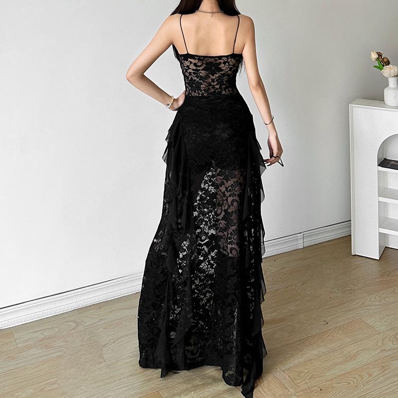 Summer New Women's Solid Color Slim Fit High Waist Fashion V-neck Strap Mesh Dress