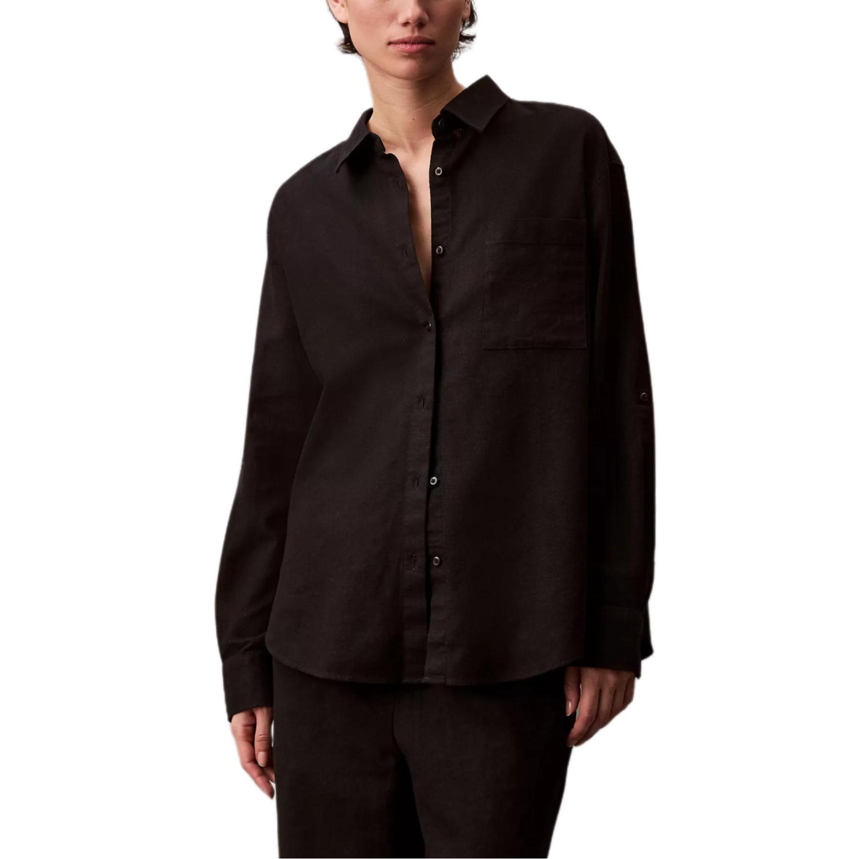 

Calvin Klein Повседневная дышащая рубашка с острым воротником и длинным рукавом свободного кроя Женские рубашки Черный 441006S-001 S