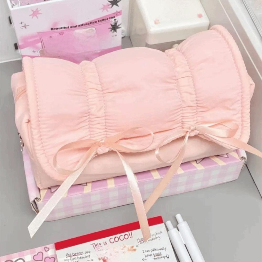 INS Bow Drawstring Pen Bag Large Capacity Stationery Storage Bag Solid Color Pencil Case  Gift