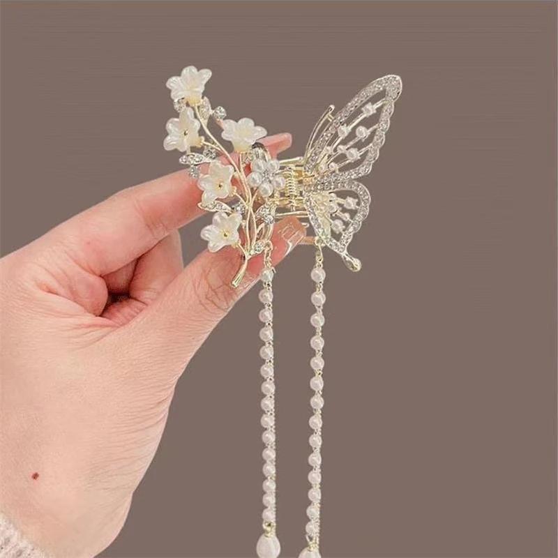 Barrette Rétro Creuse Papillon Pompon Fille Coréenne Strass Pince à Cheveux Queue de Cheval Élégant Accessoires Cheveux Perle pour Femmes