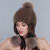 Winter Nerzfellmütze für Damen Echte Fellstreifen Gestrickte Beanie mit Fuchsfell-Bommel Ohrenklappenmützen Mit Ohrenschützern