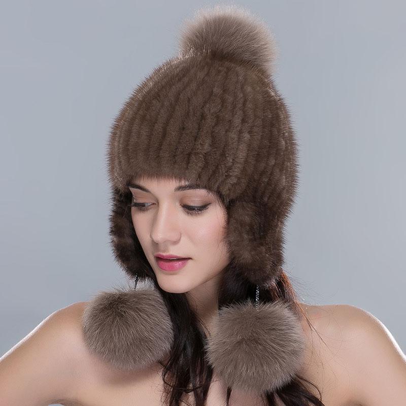 Winter Nerzfellmütze für Damen Echte Fellstreifen Gestrickte Beanie mit Fuchsfell-Bommel Ohrenklappenmützen Mit Ohrenschützern