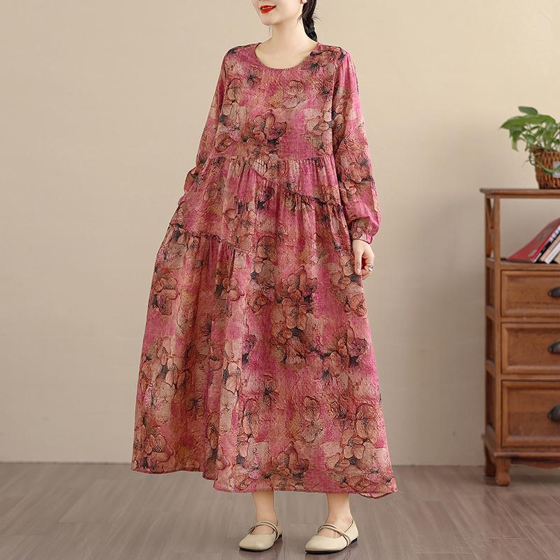 DIMANAF New 2026 Women Plus Size Spring Summer Vintage Long Dress Loose Oversize Long Sleeve Maxi Floral Print