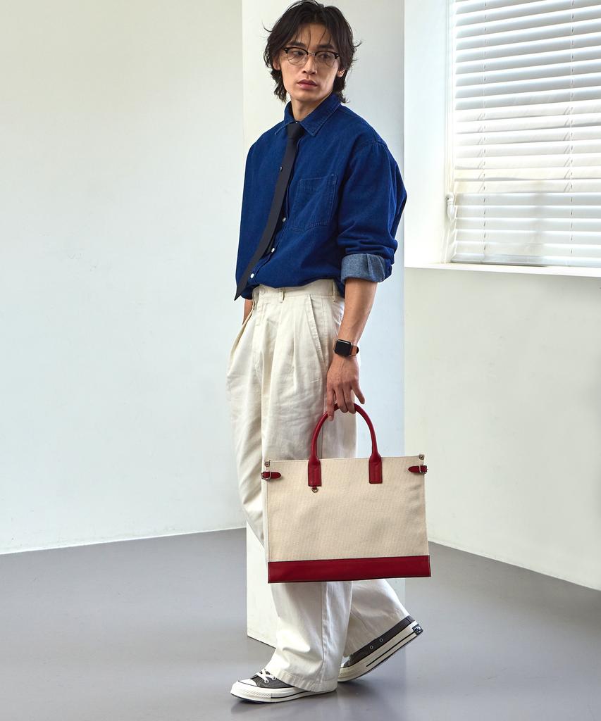 Matt Slim Canvas Leather Square Bag (Ivory + Red) B42915