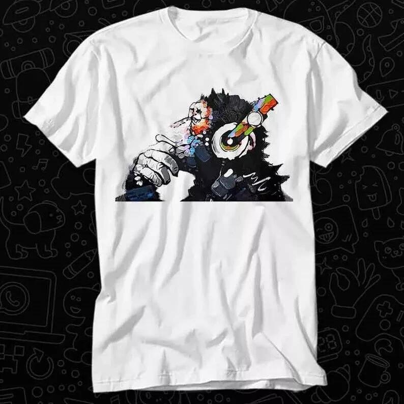 

Banksy DJ Monkey Thinker with Headphones T Shirt Gift Unisex Top Adult Unisex T-Shirt XXL