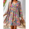 YYFS Women's Fashion Summer Spring Flower Pattern Print Long Sleeve V-Neck Loose Waistline Casual Dresses