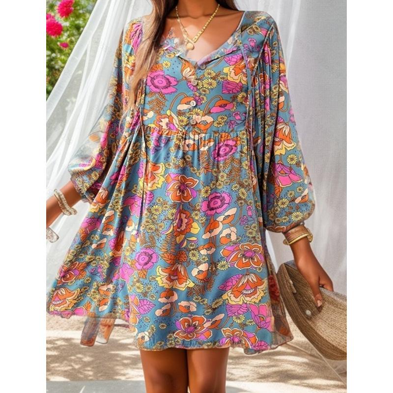 YYFS Women's Fashion Summer Spring Flower Pattern Print Long Sleeve V-Neck Loose Waistline Casual Dresses