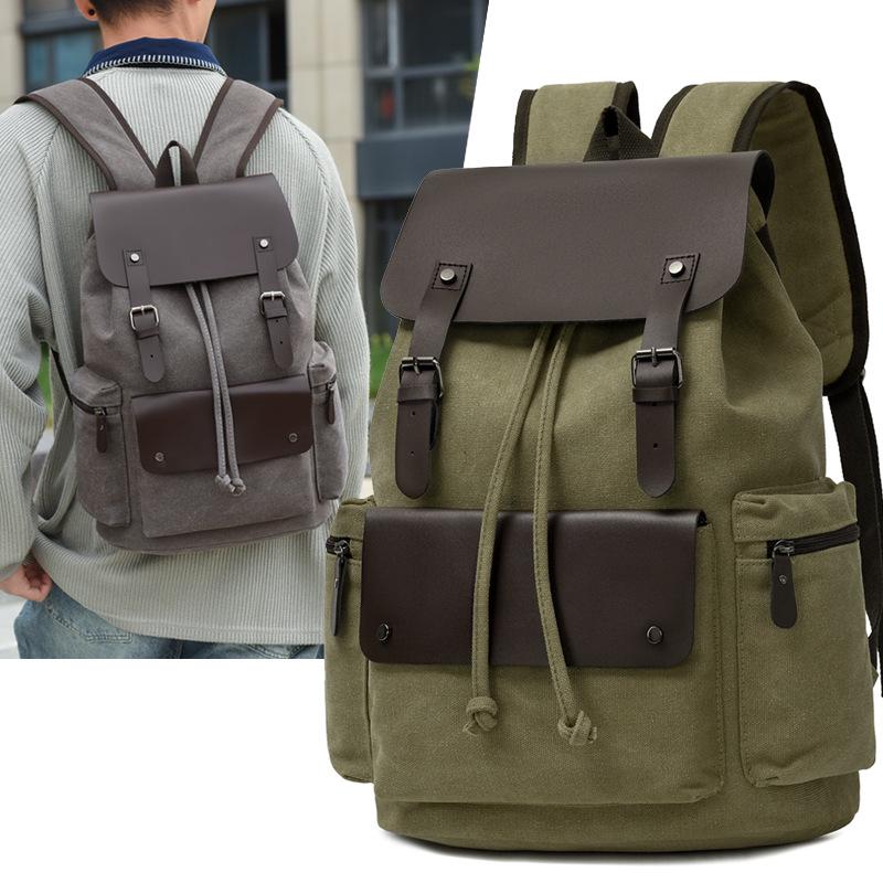 Vintage Canvas Backpack: Large Capacity, Travel & Laptop Bag with Drawstring Flap for Men