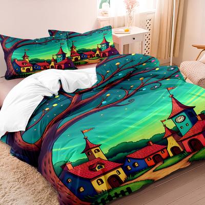 3Pcs Art Style 3D Moonlit Cottage Pattern Duvet Cover Set, 1 * Comforter Cover + 2 Pillowcases, No Insert Included. Ultra-Soft