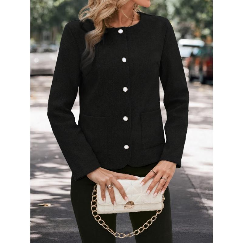 Women's Casual Black Jacket - Relaxed Fit Round Neck Solid Color Outerwear, Machine Washable & Dry Cleanable,