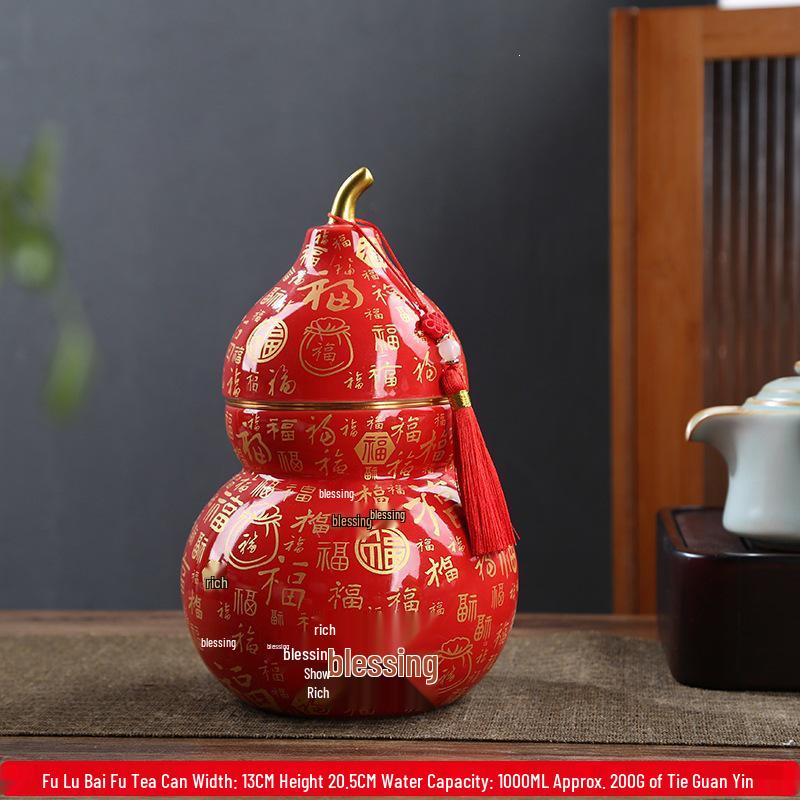 Exquisite Large Ceramic Tea Can with 'Hundred Blessings' Gourd Design: Moisture-proof, Ideal Gift for Elders, Weddings & Business Celebrations