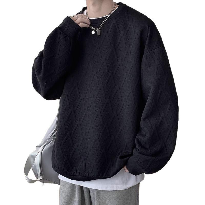 Crew Neck Jacquard Sweater Men's Long-sleeved T-shirt Spring and Autumn American Loose Casual Men's Clothing Without Hat and Bottoming Shirt