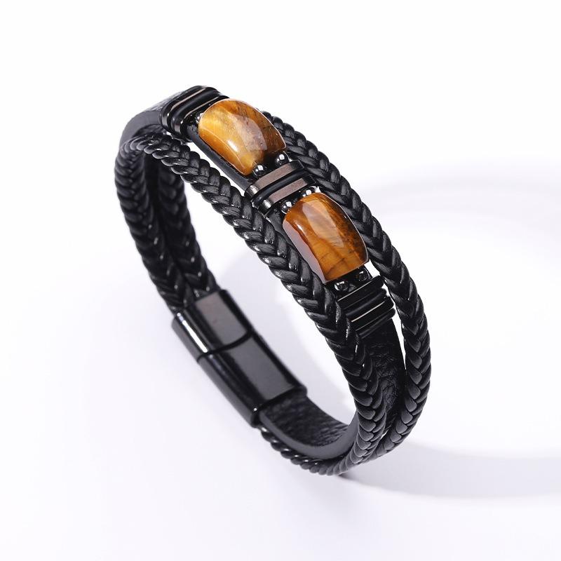 Tiger's Eye Stone Bracelet Men's Multi-layer Rope Leather Bracelet Stone Bracelet Magnet Buckle Bracelet Men's Jewelry
