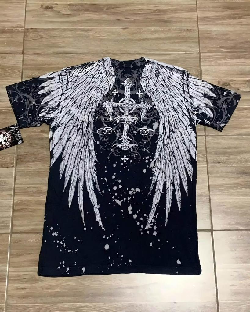 Sommer Europäische und Amerikanische Mode Herren Atmungsaktives und Bequemes Rundhals-T-Shirt Flügel Kreuz Druck Outdoor Oberteil