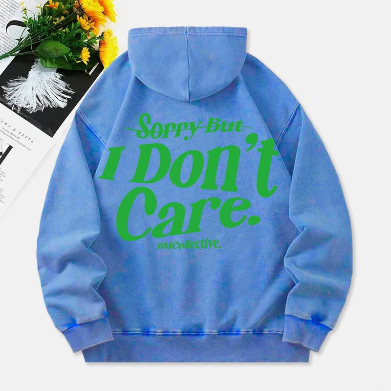 Sorry But I Don'T Care Washed Hoodies Women Letter Prints Cotton Streetwear Pocket Oversize Warm Womans Clothes