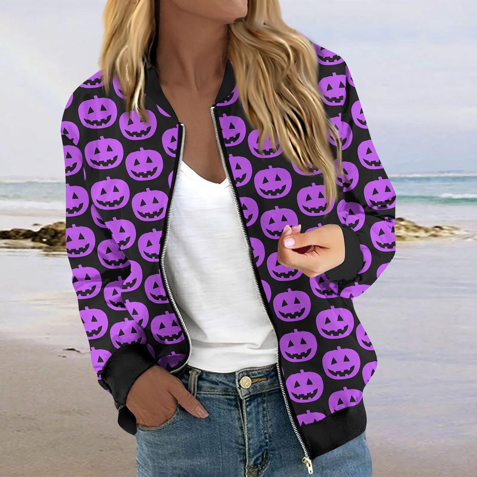 

Куртки для женщин с длинным рукавом, легкие, на молнии, укороченные, с принтом на Хэллоуин, верхняя одежда, повседневные стеганые куртки с карманами L фиолетовый