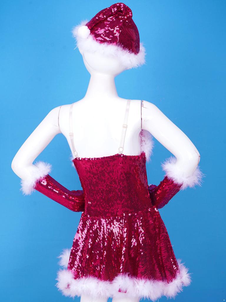 Girls Christmas Santa Dance Costume Adjustable Spaghetti Straps Sequins Leotard Dress Hat Arm Sleeves