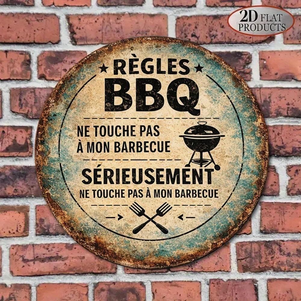 1pc 8x8in Retro BBQ Rules Don't Touch My Grill Sign, Vintage 2D Flat Round Plaque for Patio Kitchen