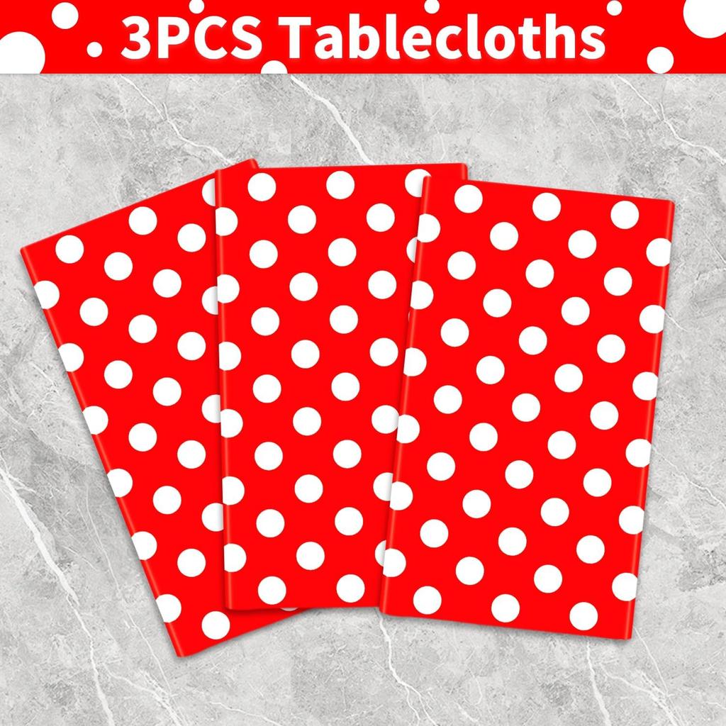 3 Pack Red and White Polka Dots Tablecloth Red Round Table Cover with White Polka Dot Round Plastic Table Cloth 84 in Round for Kitchen Dining