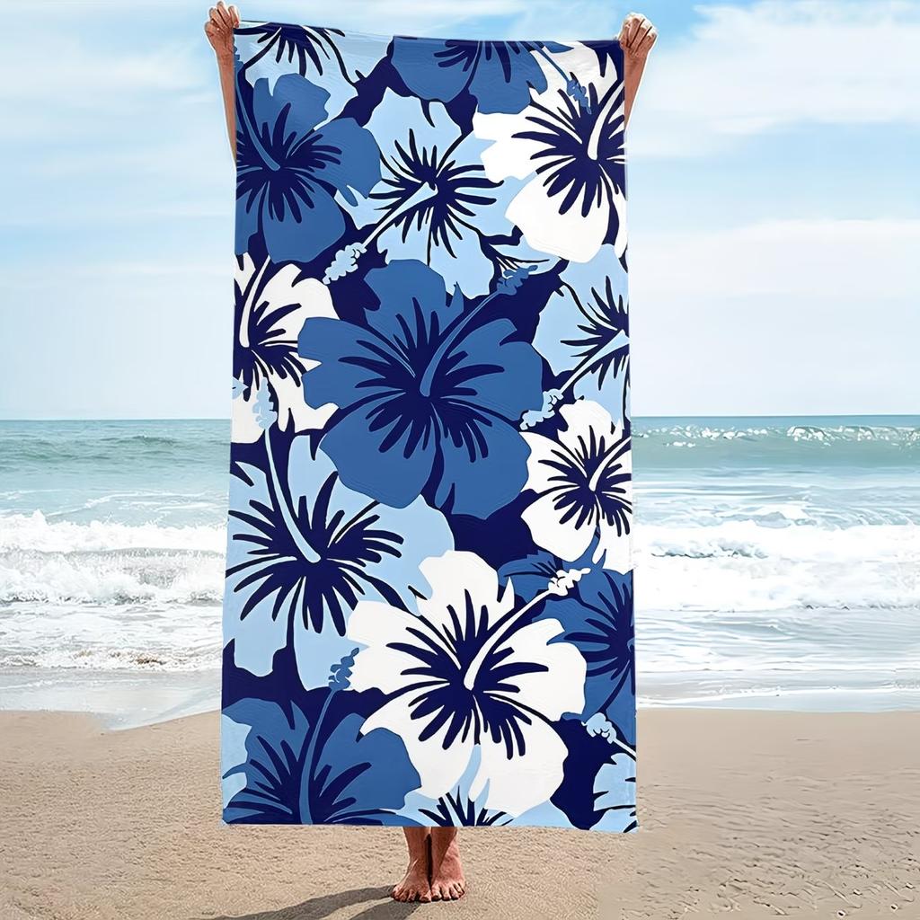 Exotisches Marineblaues Blumen-XL-Mikrofaser-Strandtuch, Überdimensioniertes Schnelltrocknendes Reisehandtuch für Kreuzfahrten, Große Picknickmatte, Yogamatte, Fitnessmatte