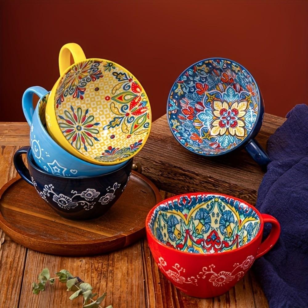 15oz Fassungsvermögen Ethnisch Stil Keramik Tasse Handbemalt Keramik Frühstückstasse Feiertagsgeschenk