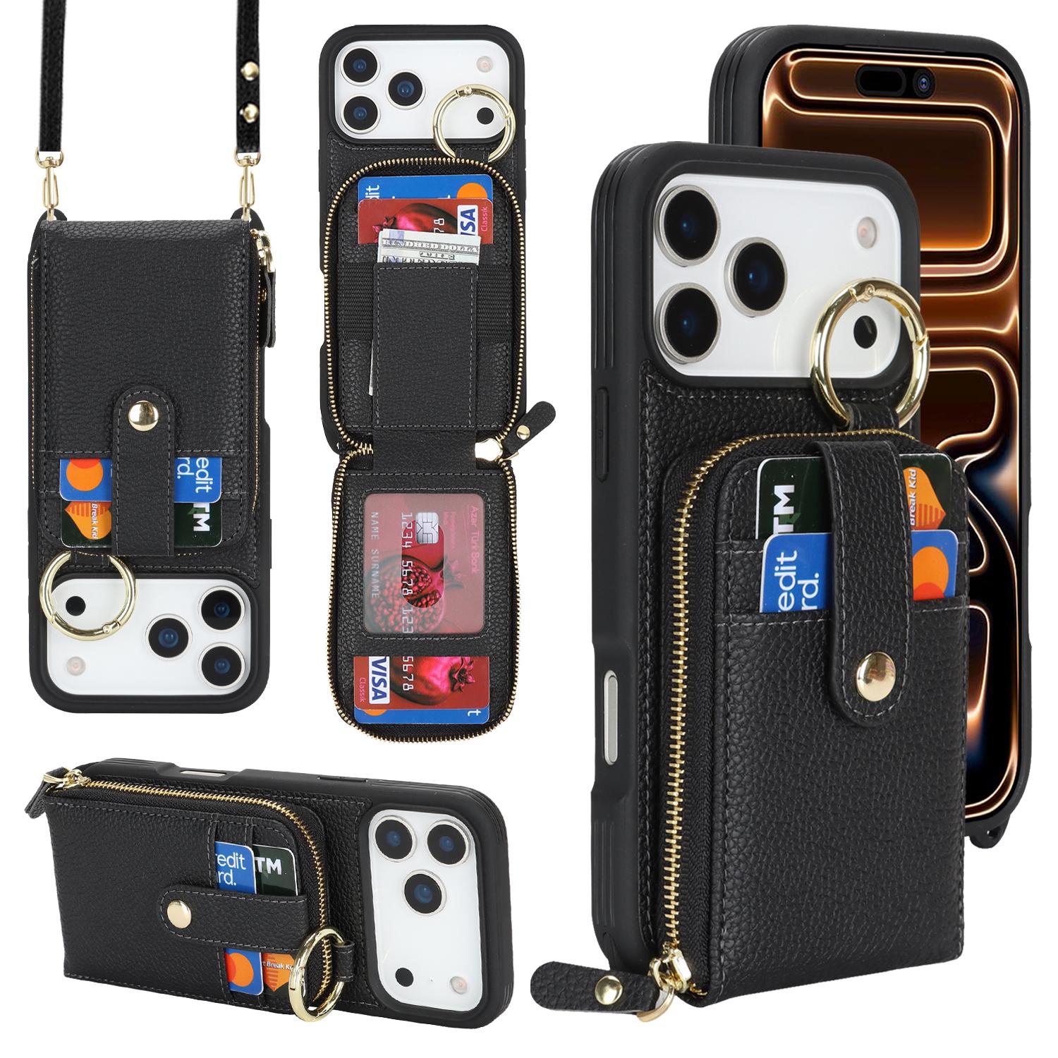 For iPhone 17 Pro Case with Zipper Pouch / Ring Kickstand / Strap Litchi Texture PU + TPU Phone Cover