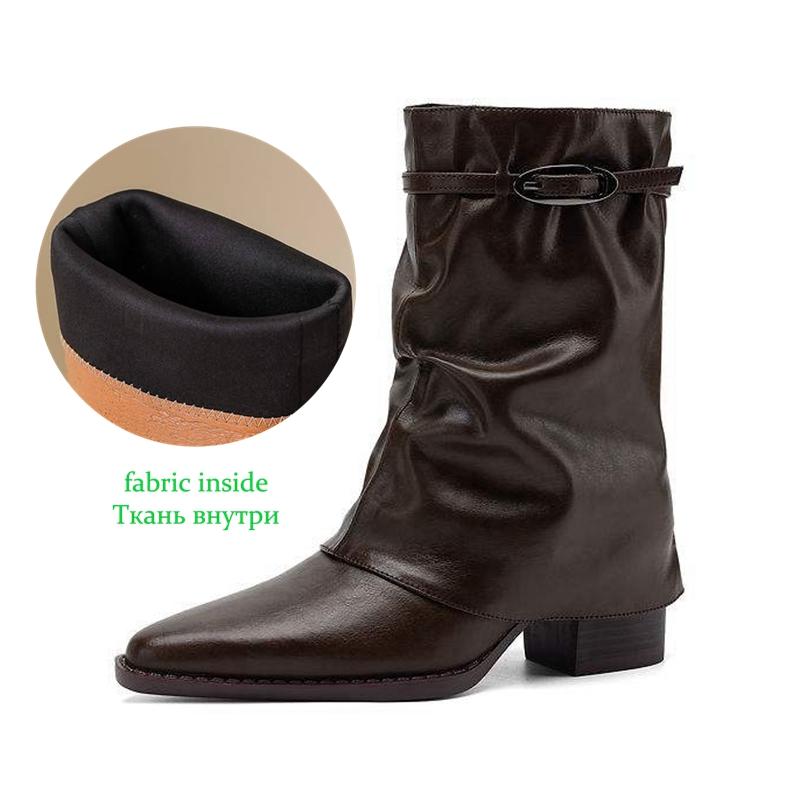Krazing Pot Cow Skin Winter Square Toe Size 42 Square Heels Metal Buckle Women Zipper Chelsea Boots Women Pleated Decoration Ankle Boots
