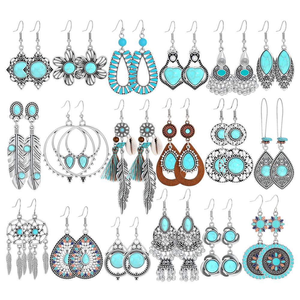 Boho Antique Silver Dangle Earrings for Women Turquoise Design Tassel Earrings Ethnic Style Work Daily Wear Gifts Versatile