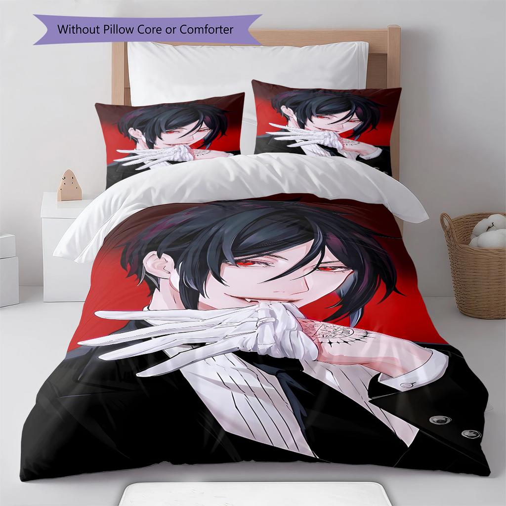Literie Motif Black Butler, Ensemble Couette Housse de Couette Taie d'Oreiller Cadeau d'Anniversaire pour la Maison (1 housse de couette + 2 taies d'oreiller, sans garniture.)