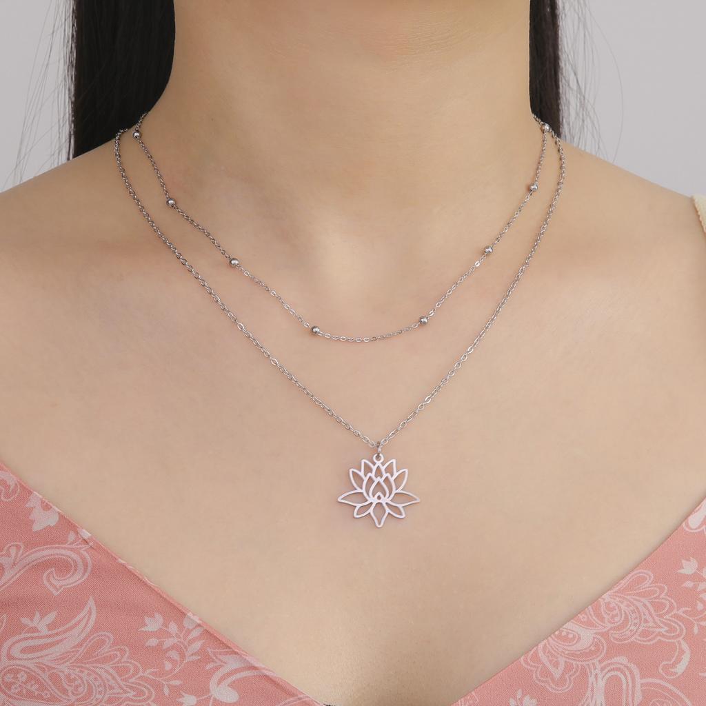 Teamer Lotusblume Anhänger Halskette Edelstahl Yoga Buddhismus Amulett Schmuck für Frauen Doppellagige Perlenkette Geschenk
