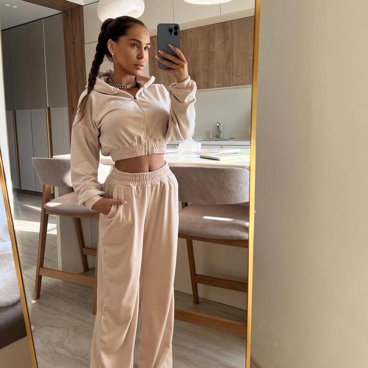 Women Solid Color Long Sleeve Hooded Hoodies Suit Autumn Winter Loose Top Wide Leg Pants