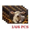 4/6pcs Rectangular Placemats - 12X18 Inch Sunflower Cow Print Table Mats with 2D Element Design, Durable And Washable Polyester Placemat