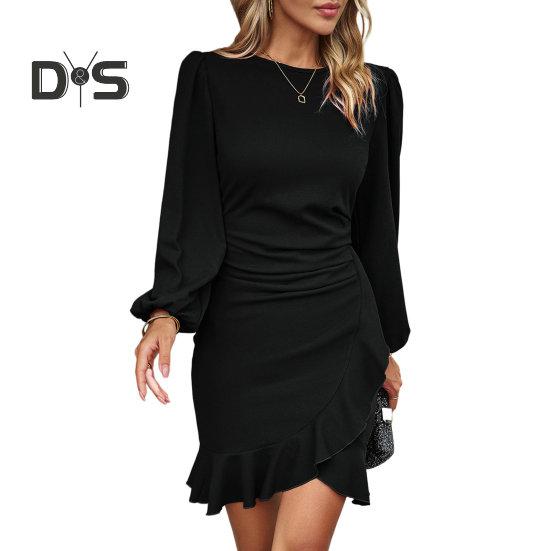 

Мини-платье с расклешенным длинным рукавом и круглым вырезом, однотонное, нерегулярное, с оборками по подолу, офисное женское повседневное короткое платье XL чёрный