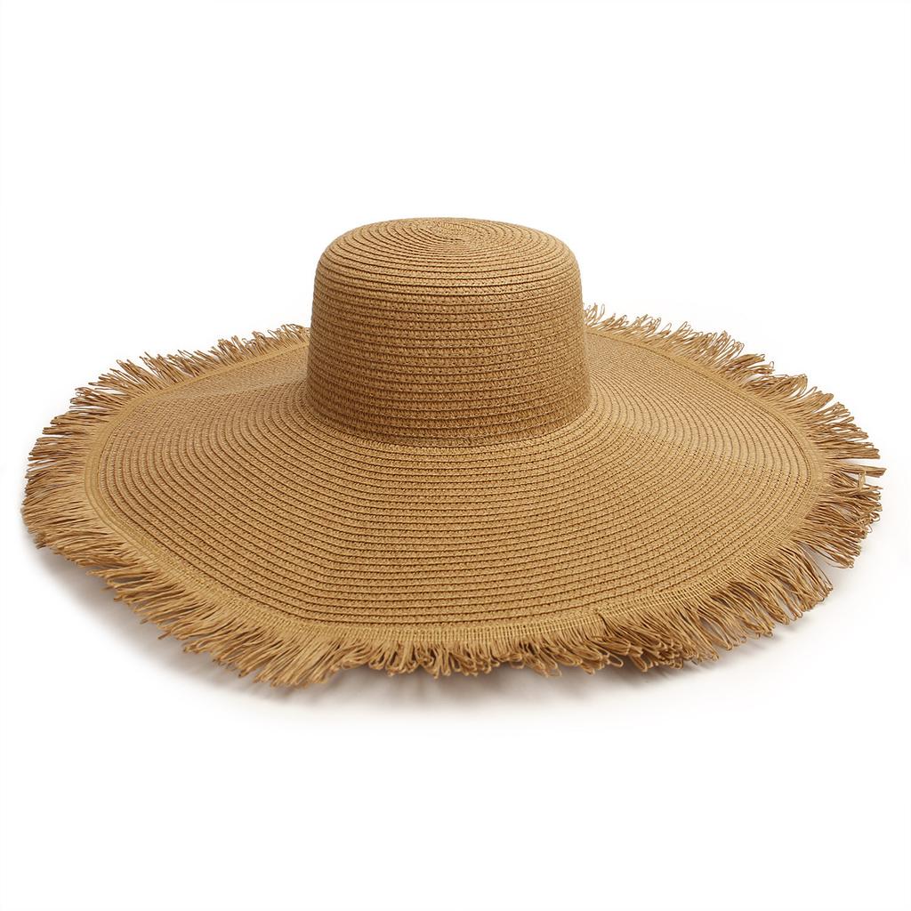 In Stock Fashion Wide Brim Beach Hat Cross Border Sun Hat Women's Woven Frayed Edge Straw Hat Bohemian Style Hat